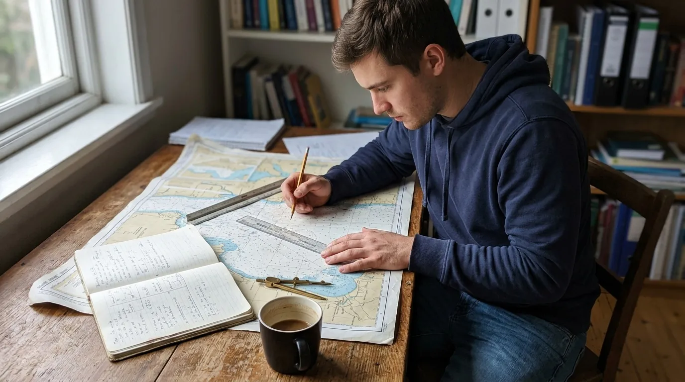 Jeune homme étudiant des cartes avec instruments de géographie