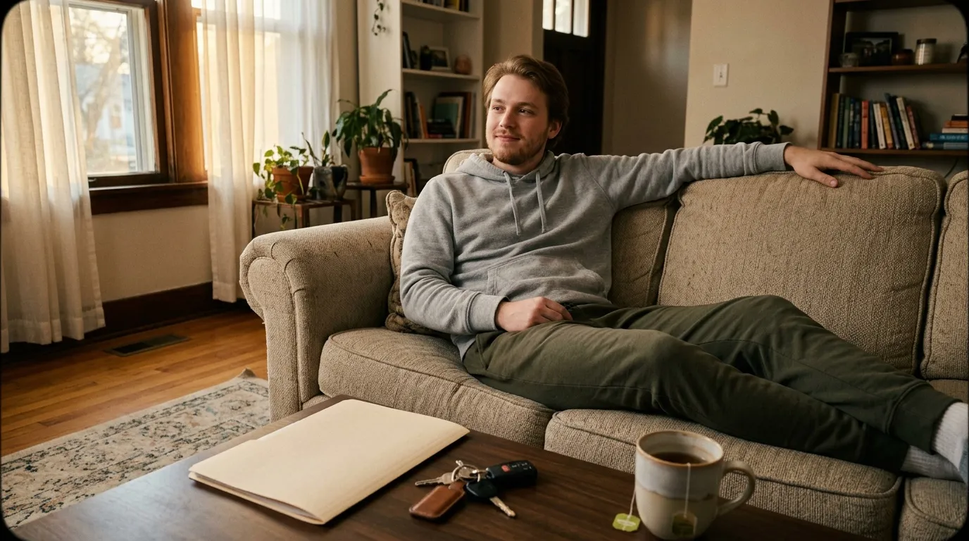 Homme relaxé sur canapé beige dans salon lumineux