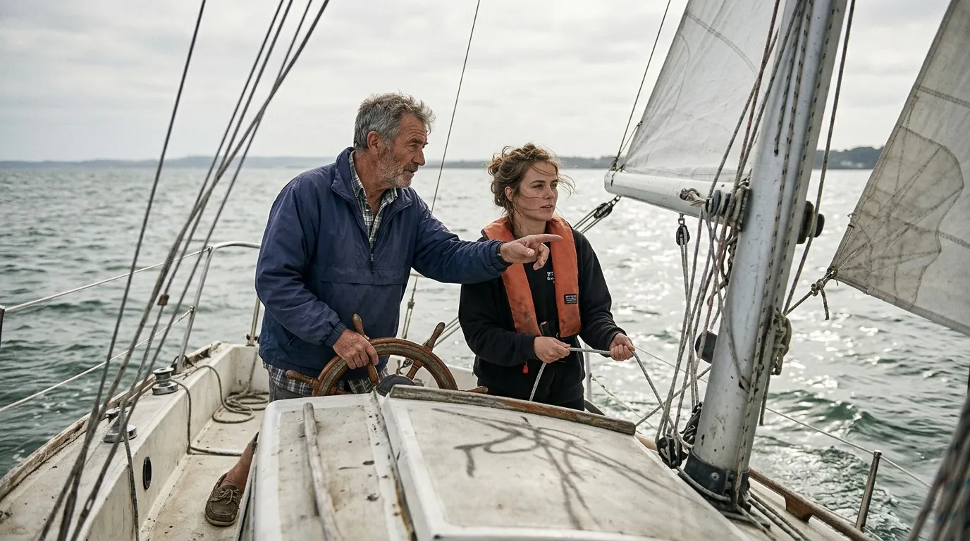 Homme et femme naviguent ensemble sur un voilier en mer