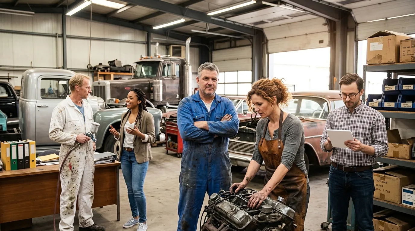 Cinq professionnels discutent dans un garage avec des véhicules vintage
