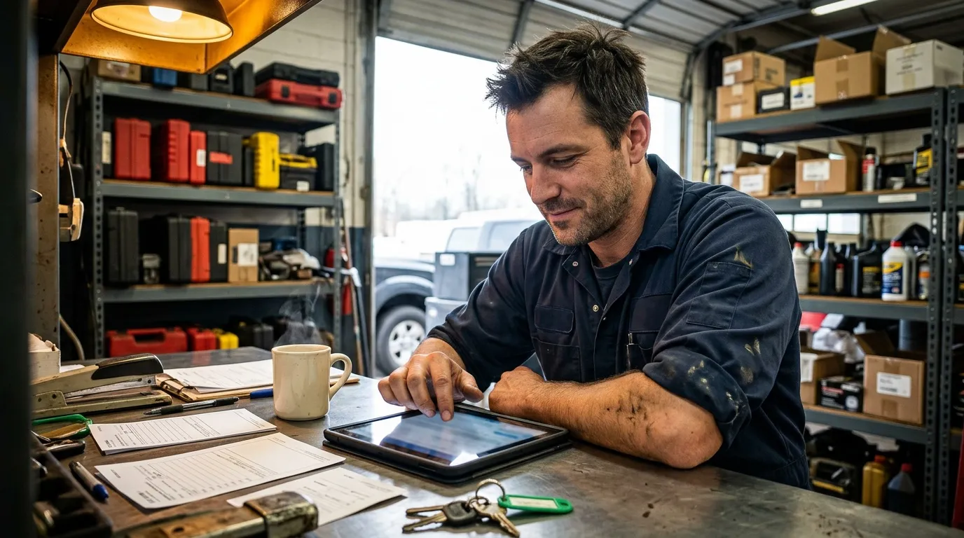 Mécanicien consulte une tablette dans un garage organisé