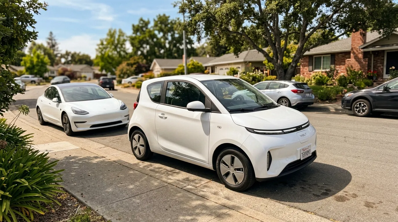 Deux voitures &eacute;lectriques blanches gar&eacute;es dans une rue de banlieue.