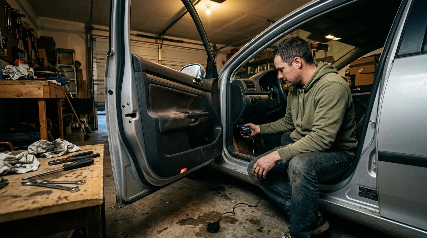 Mécanicien travaillant sur l'intérieur d'une voiture dans un garage