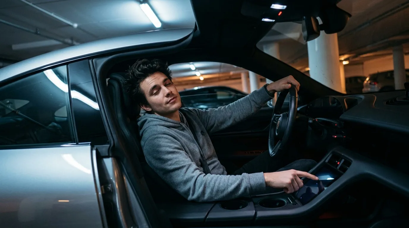 Jeune homme conduisant une voiture dans un garage souterrain éclairé