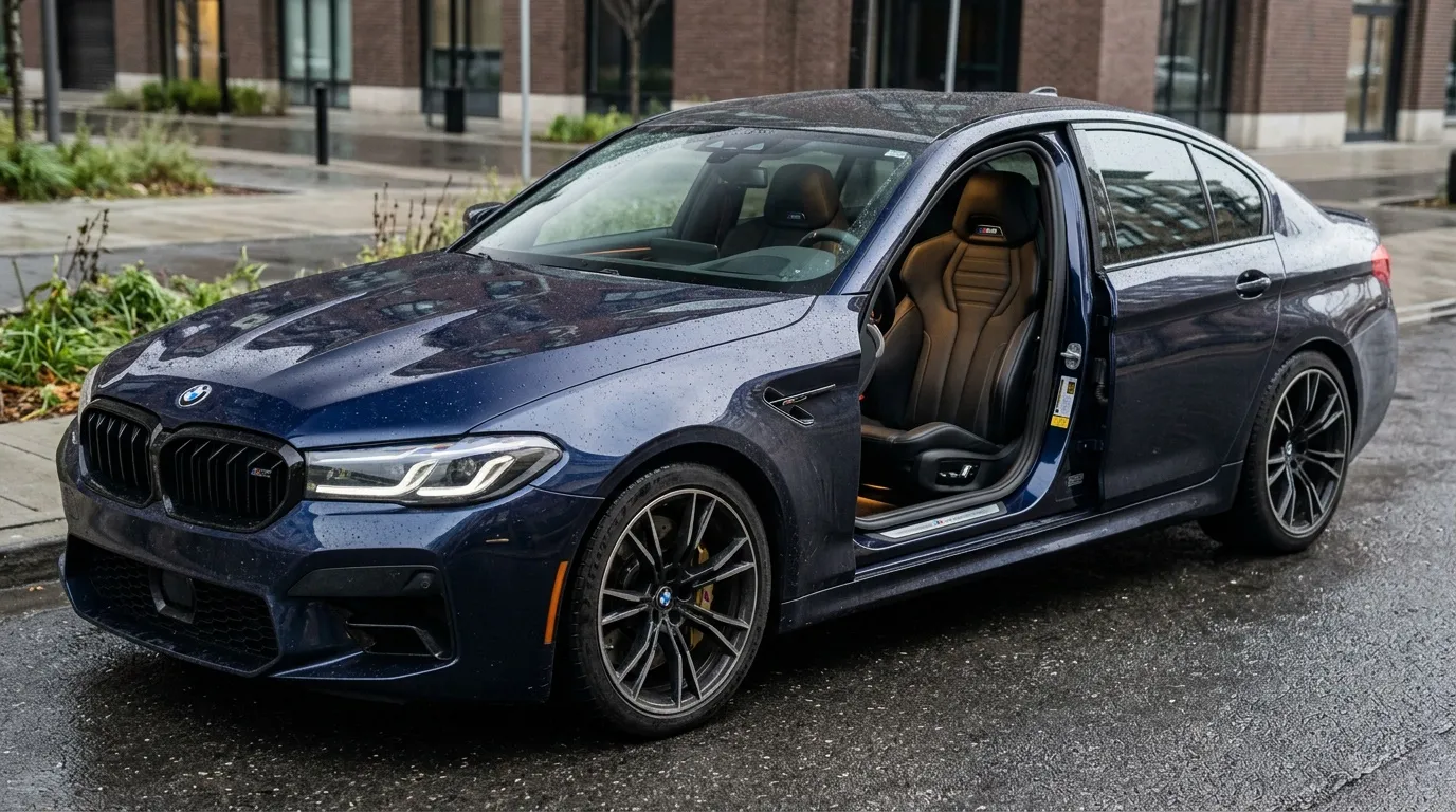 BMW M5 bleue avec portière ouverte, intérieur cuir marron