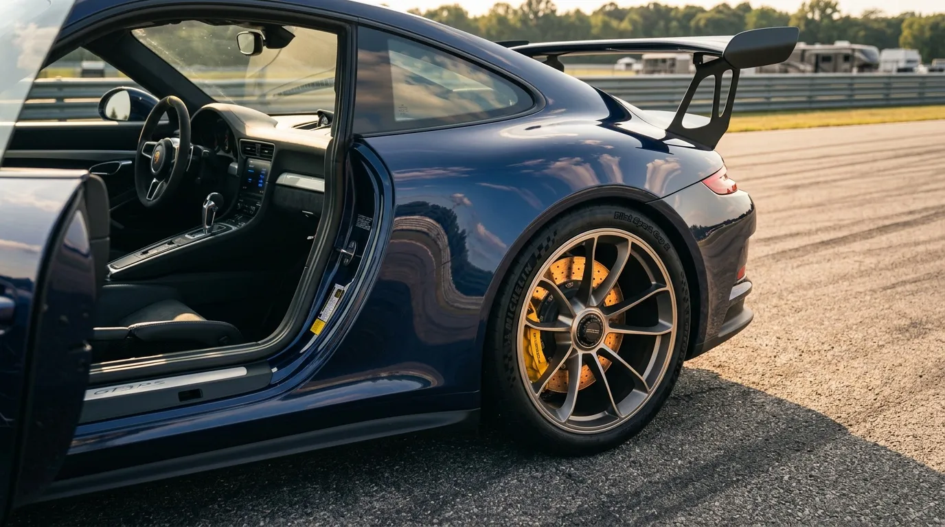 Porsche noire avec aileron, porte ouverte, sur piste de course