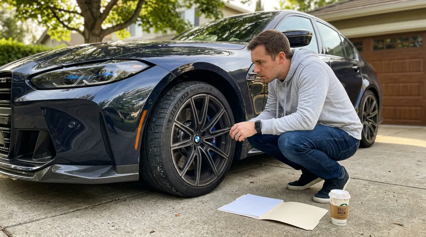 Homme inspectant le pneu d'une voiture sportive bleue
