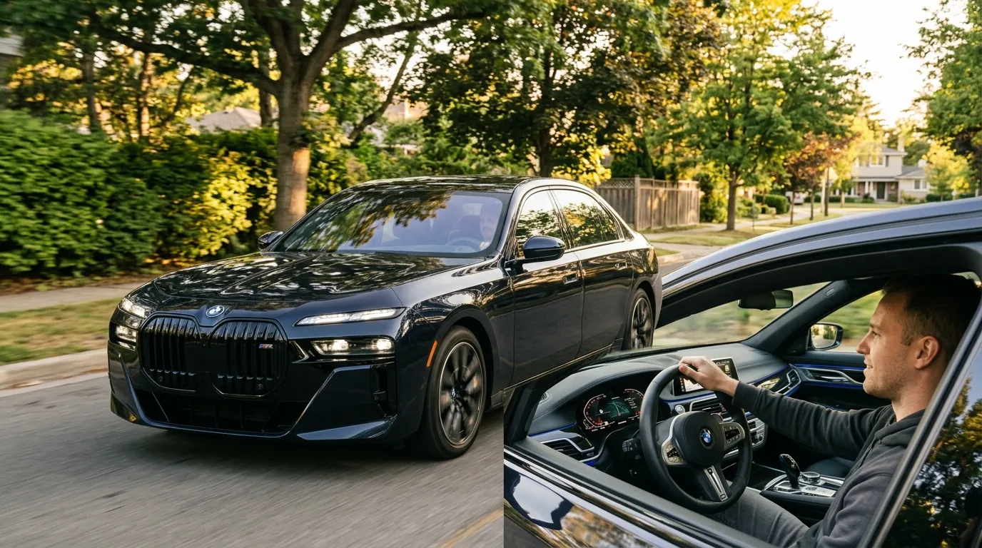 Homme conduisant BMW noire luxe dans quartier résidentiel