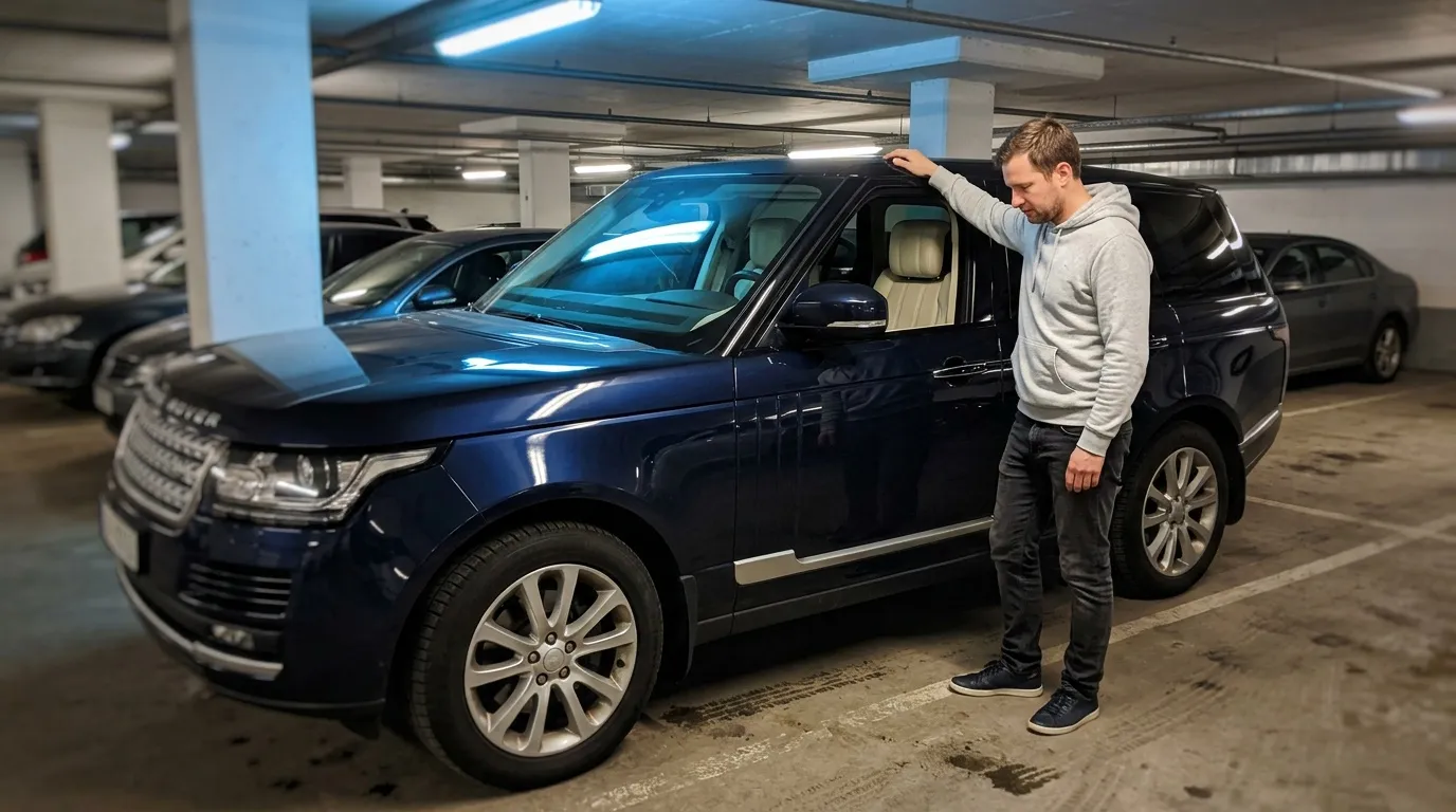 Homme inspectant un SUV bleu dans un parking souterrain