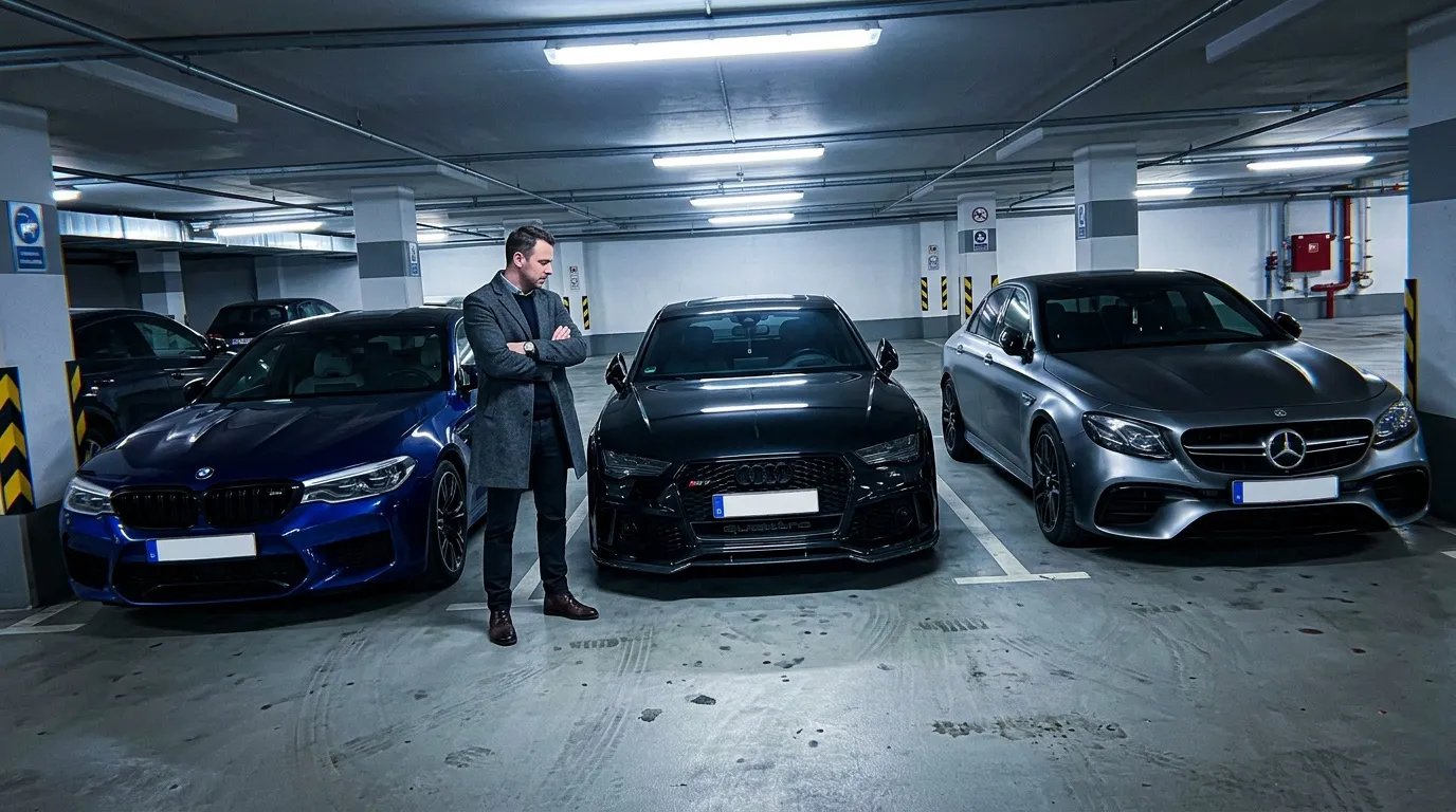 Homme en costume dans un parking avec trois véhicules haut de gamme
