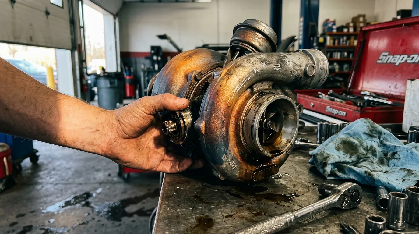 Mécanicien tenant un turbo usagé dans son atelier automobile