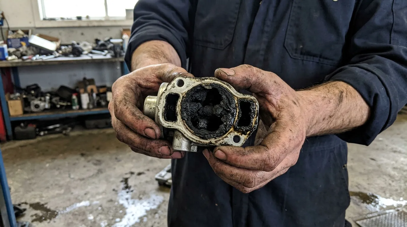 Mains sales tenant composant moteur très encrassé en atelier