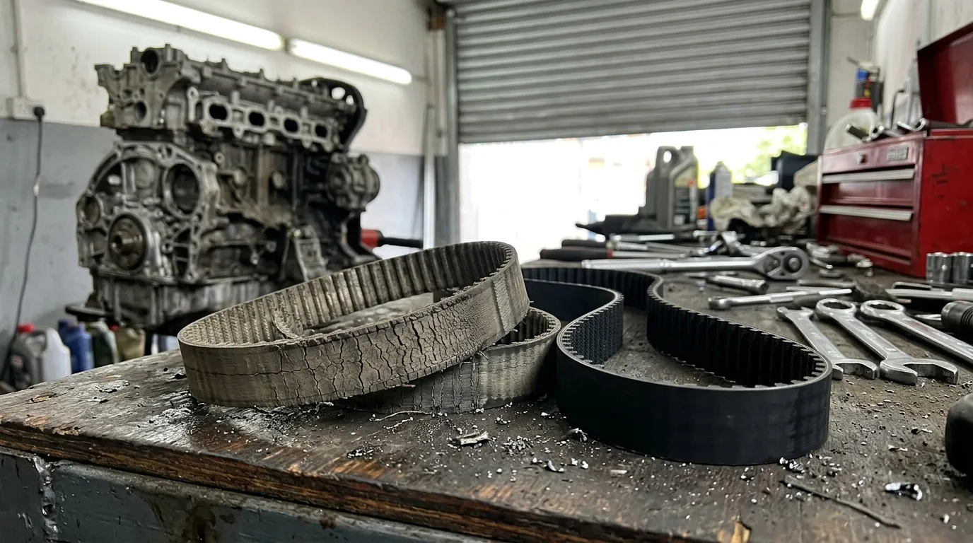 Courroies de distribution usées et moteur en atelier mécanique