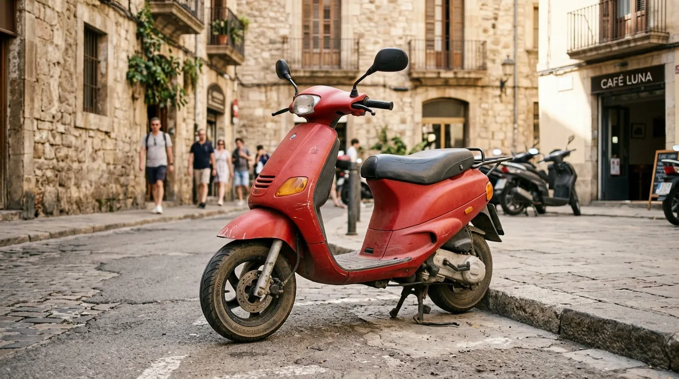Scooter rouge gar&eacute; dans une rue pav&eacute;e de ville historique