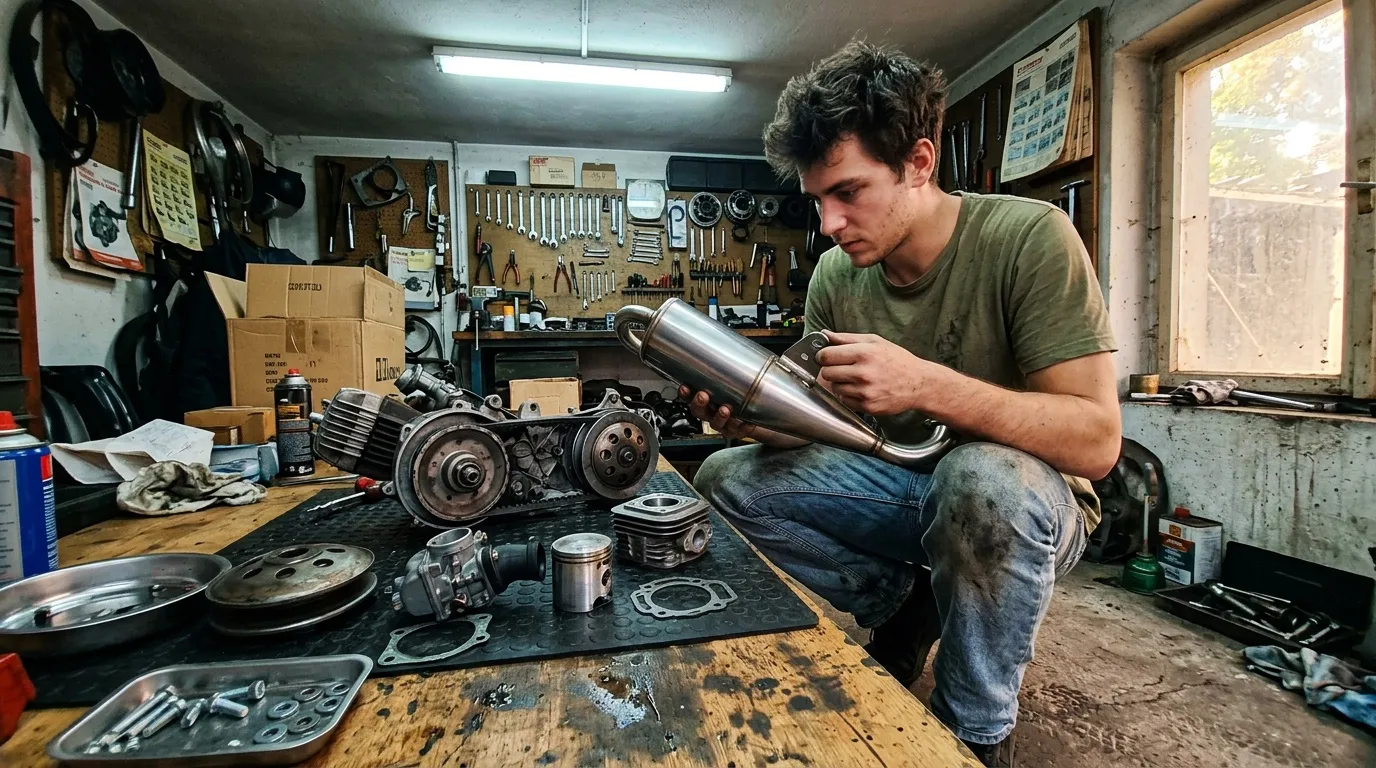 Homme inspectant pi&egrave;ces moteur dans atelier m&eacute;canique