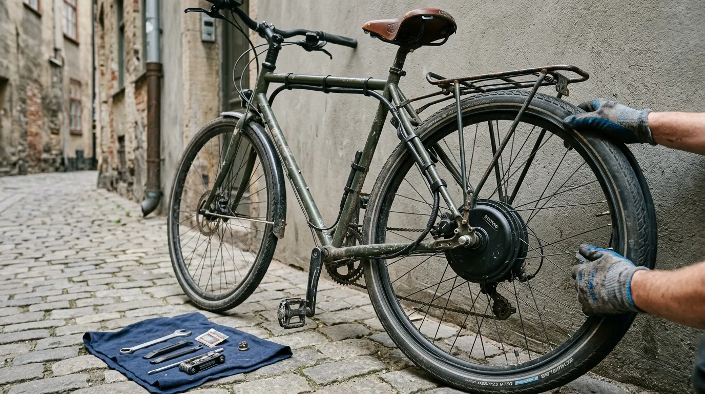 Mécanicien répare un vélo électrique avec outils sur tapis